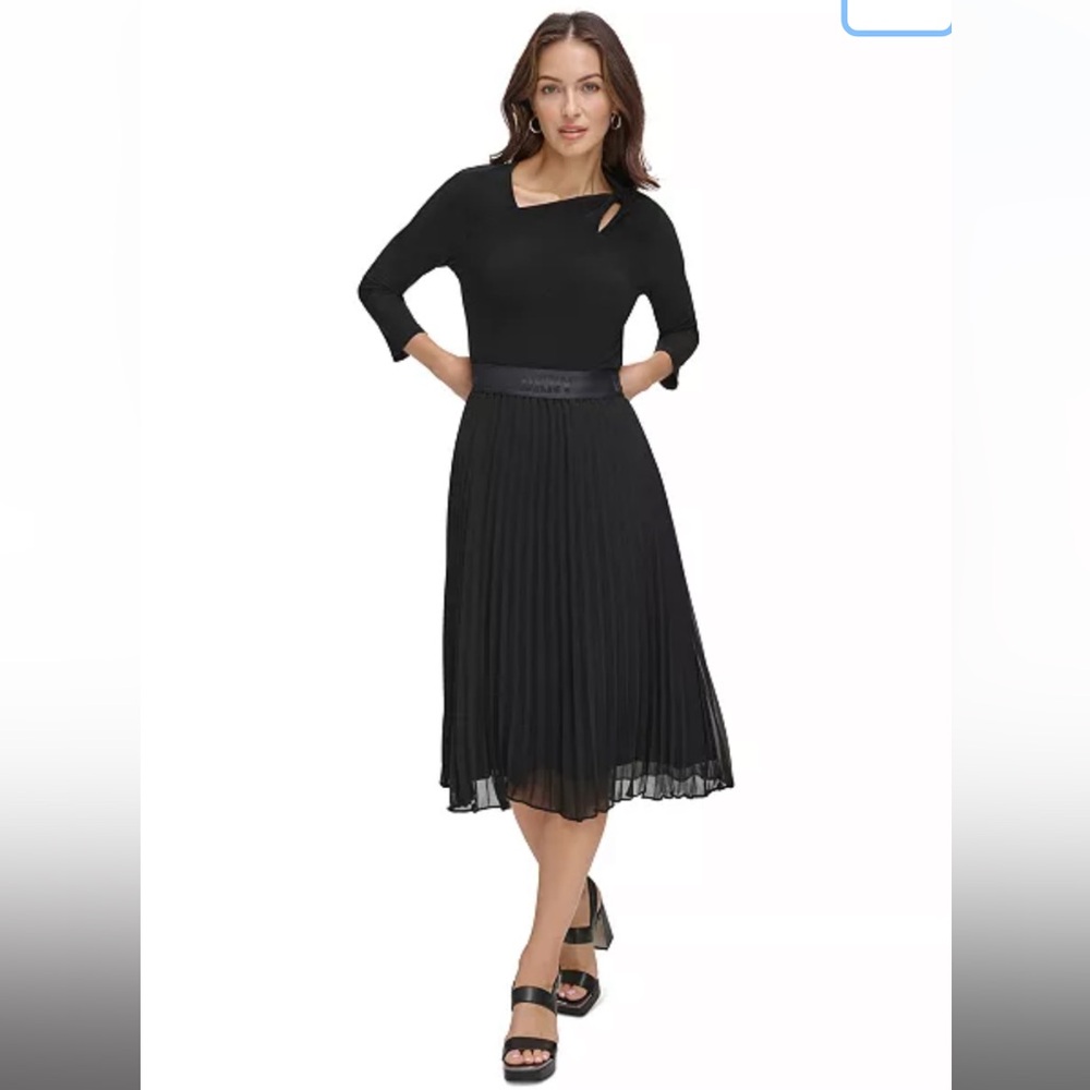Elegant Black Pleated Pull On Accordion Skirt By DKNY Logo Waistband XL - Picture 16 of 16